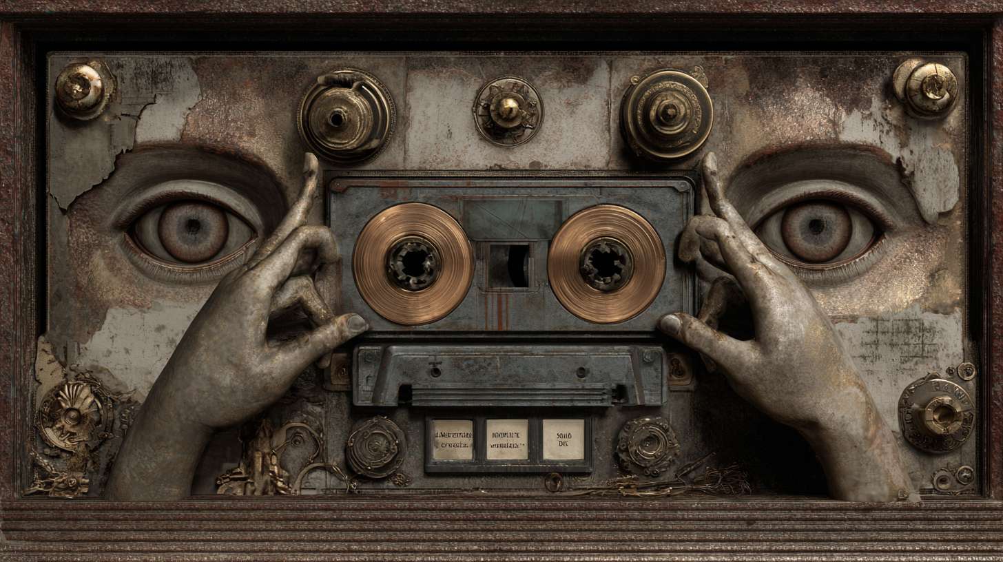 Dreamscapes, theme: Surrealist 3D stereoscopic effect, depicting a trembling hand pressing the play button of an old-fashioned cassette player, with two circular gears on the tape player and two brown eyes. Surrealist atmosphere: The connection between the eyes and hands is eerie and mysterious, as the Buddha like hand uncovers the truth about the eyes or performs a silent magic. The whole picture conveys an unknown atmosphere, emitting a surreal and charming beauty --ar 16:9 --v 7 --stylize 100 --fast