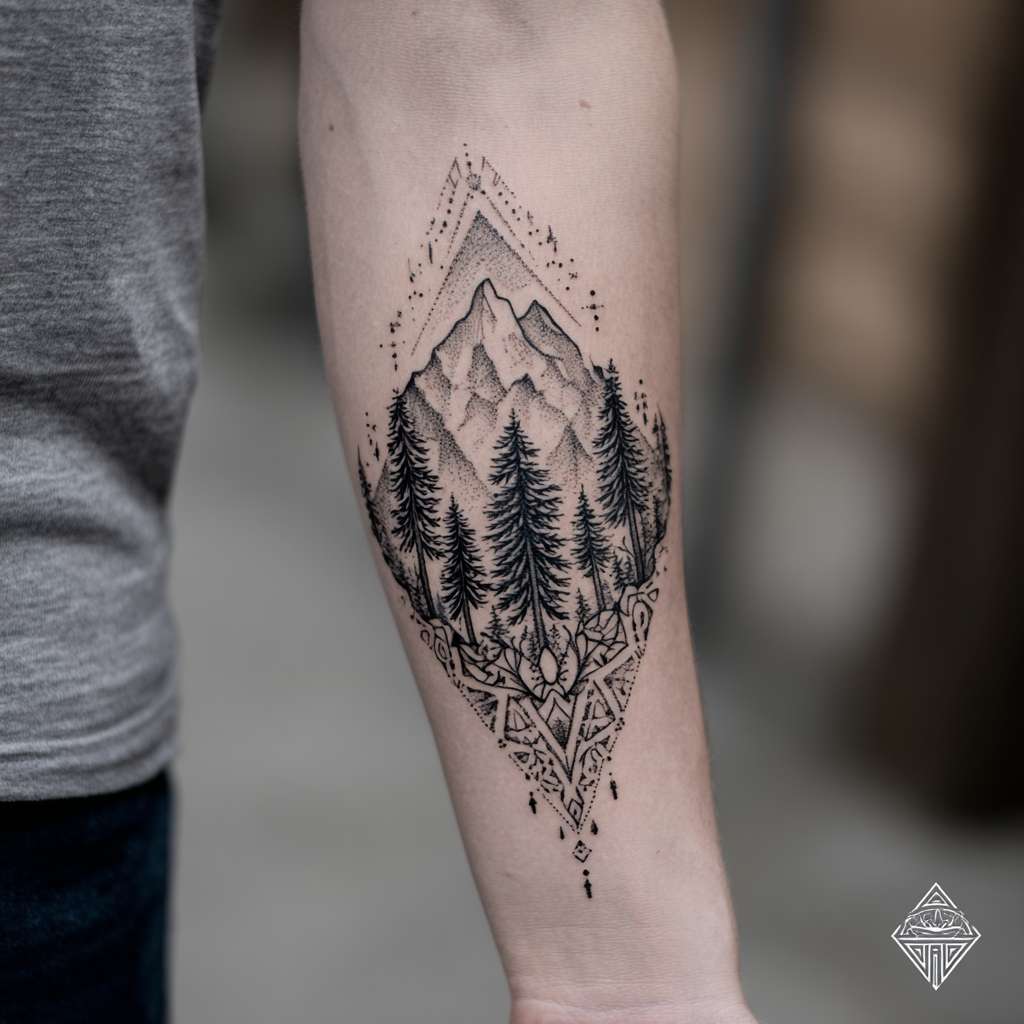mountain mandala tattoo, calve tattoo, nature-inspired, sacred geometry, dotwork and fine lines, black and grey, symmetrical forest design, spiritual --ar 1:1 --v 7 --stylize 100 --fast