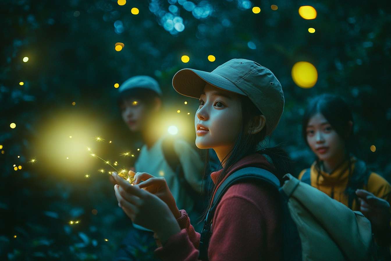做一張亞洲青年人晚上在森林中探索螢火蟲的相片 --ar 3:2 --v 6.1 --stylize 100 --fast