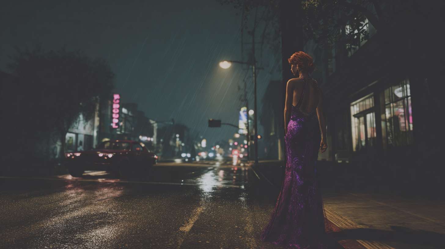 现代3D动画风格，在洛杉矶街道上的灯柱上，当时那里正下着毛毛雨。霓虹灯照在潮湿的柏油路上，一个金发女人穿着华丽的紫色长裙站在前方不远处正对着镜头 --ar 16:9 --v 7 --stylize 100 --fast --no 水印