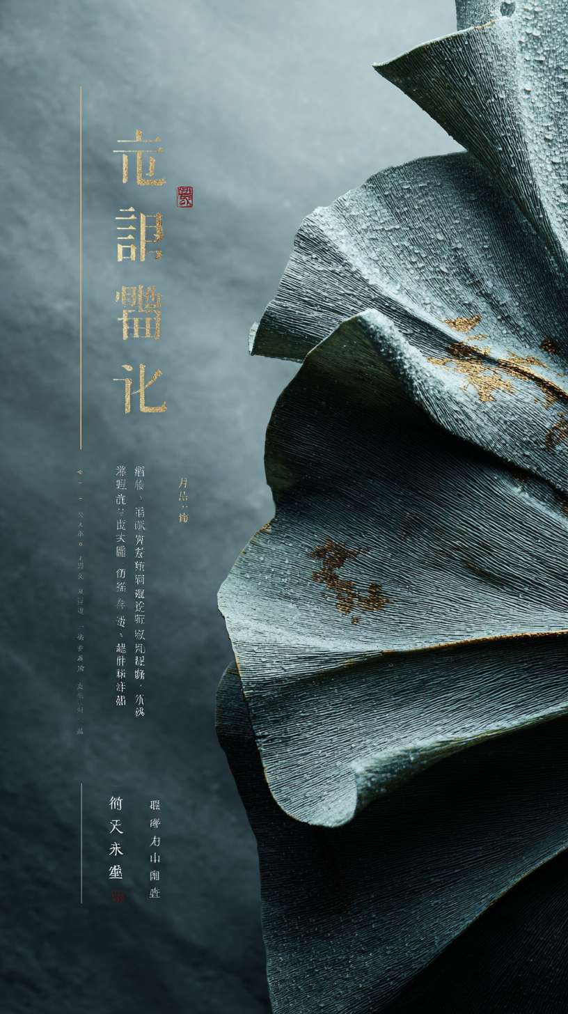 主体用 30° 斜角微距呈现半枚海鸭蛋，青灰渐变蛋壳带细小结晶体光泽，营造潮汐冲刷的天然肌理；
背景以晨雾为底，缀淡金霞光、潮汐波纹与叶片剪影，强化朦胧意境；
采用 4:5 画幅不对称构图，左侧留白更多，文字以压纹工艺隐于画面，通过 “隐而未显” 的细节传递自然生长的高级感。 --ar 9:16 --v 7 --stylize 100 --fast --no 水印
