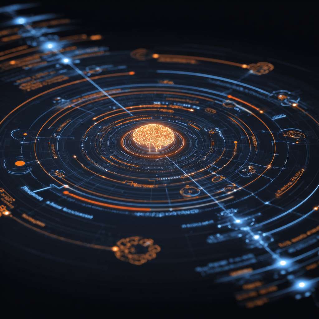 A sophisticated system architecture diagram in a tech style, with concentric circles. The core is a glowing AI brain chip, radiating connections to modules like AIOps, Smart Data Center, and Intelligent Command Center. Data streams flow bi-directionally. The background is dark with blue and orange light trails. --ar 1:1 --v 7 --stylize 100 --fast