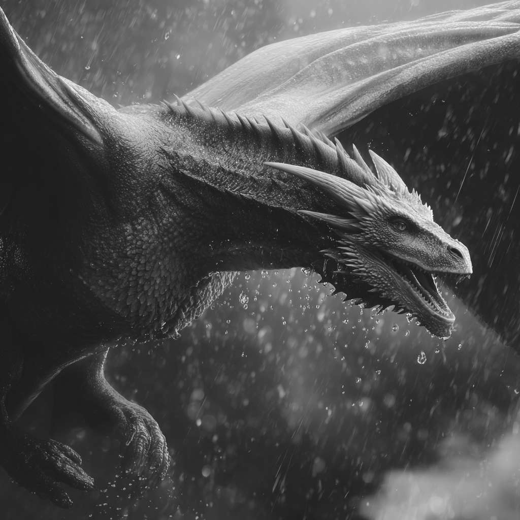 超写实 4K ，完整的一只细节丰富的白龙在暴雨中穿行，每一片鳞片都反射着周围的光线与雨水。水珠附着在龙角与翅膀上，龙翼有力扇动，驱散雨滴与云雾。特写镜头展现龙的皮肤纹理与肌肉运动，中景镜头呈现龙在云层间穿梭的完整身姿。真实的雨水物理效果，空中可见雨滴飞溅与涟漪，光线完全遵循闪电与阴天的自然规律。 --ar 1:1 --v 7 --stylize 100 --fast --no 水印