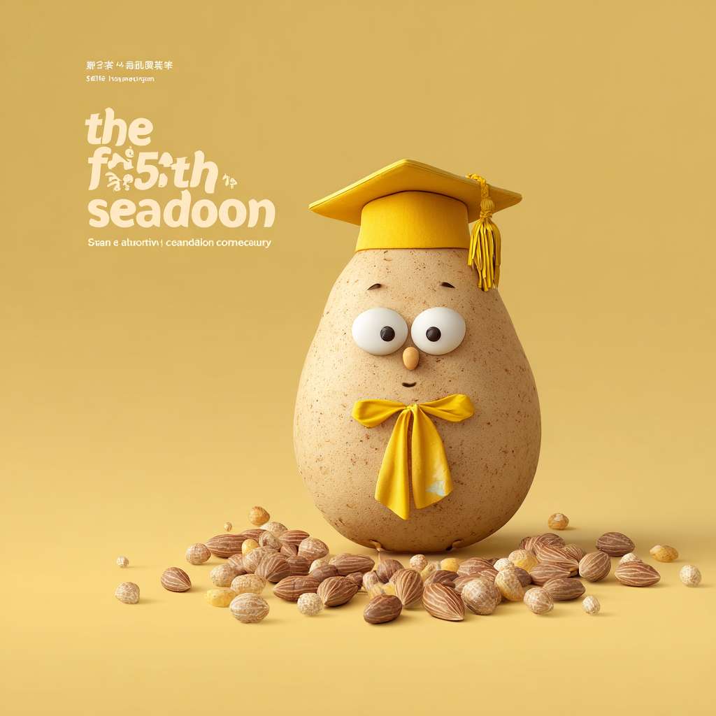 我需要设计一个KV主题，是一个幼儿园毕业典礼的海报，主题是“The fifth season graduation ceremony"。画面的主角是一个金色的种子（豆子）带着毕业帽，金色的种子是卡通形象有眼睛鼻子嘴（儿童卡通）。我需要一个非常完整的画面，要丰富的周围背景。 --ar 1:1 --v 7 --stylize 100 --fast --no 水印