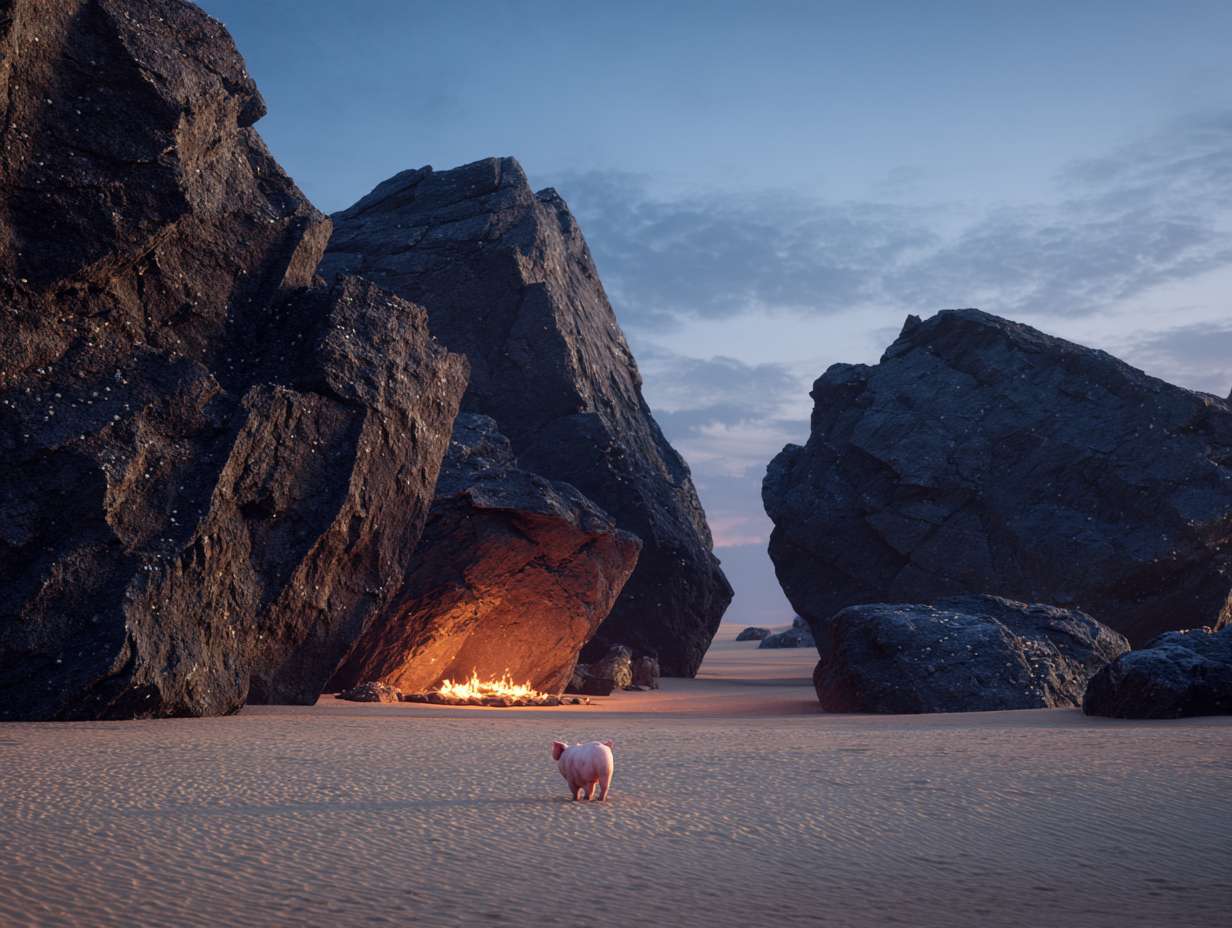 Photorealistic cinematic image，A pale pink pig in the middle of an extreme desert landscape with giant black rocks and orange pillows. There is fire on top of one rock, giving off warm light. The sky has a blue color. In front of it there's a large sand dune, film grain, hyper realistic photography, natural lighting, highly detailed photo. --ar 4:3 --v 7 --style raw --stylize 100 --fast