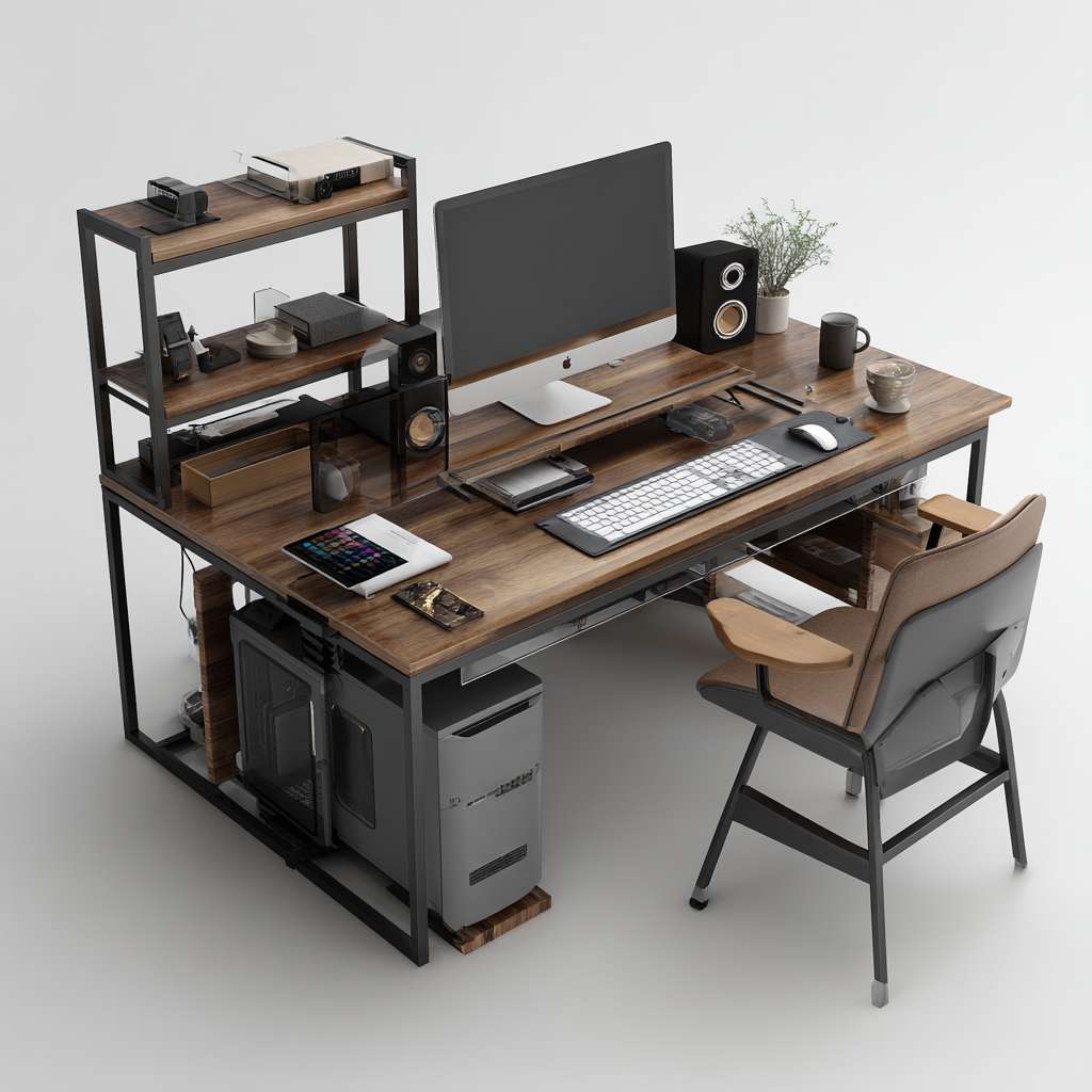 给我一个电脑桌区域的搭配图，区域长度180*85。要有椅子。要提现细节，电脑机箱要放桌面上。电脑桌要有置物架。置物架第二层要放一个哈曼卡顿音响。桌子上要有水杯，小垃圾桶。纸巾。键盘鼠标。手机，插板上插着手机充电器。还有平板。 --ar 1:1 --v 7 --stylize 100 --fast --no 水印