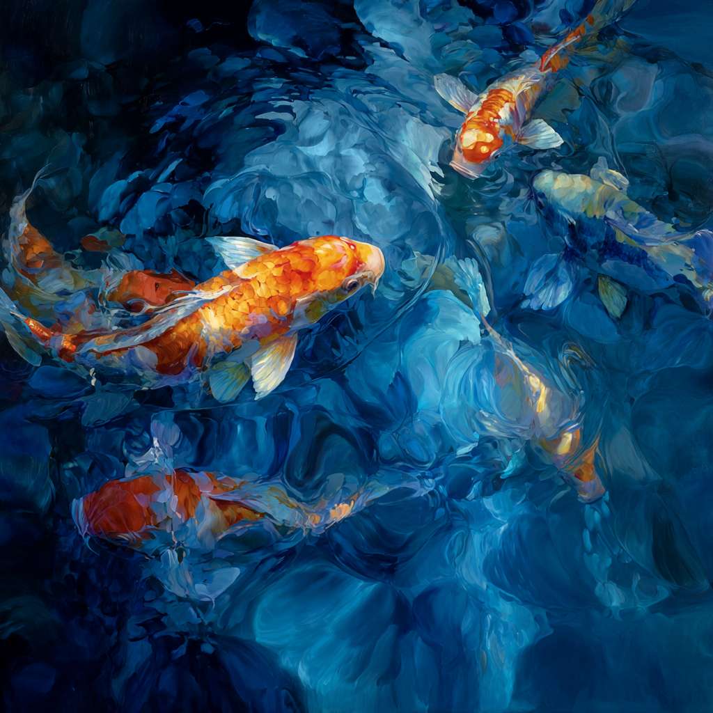 Dreamy blue depths with iridescent patterns and vivid koi, expressive strokes for motion and light, abstract. --ar 1:1 --v 7 --stylize 100 --fast