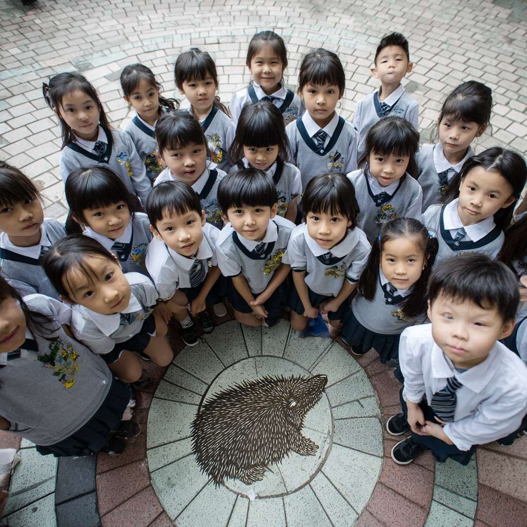 一班小六穿校服的學生們在校園裡圍成一個半圓形，以卡通的風格展示穿山甲、老虎、水獺、熊貓、飛鼠、龜等等的瀕危物種，讓學生們一起將積木併上瀕危動物圖案上 --ar 1:1 --v 7 --stylize 100 --fast --no 水印