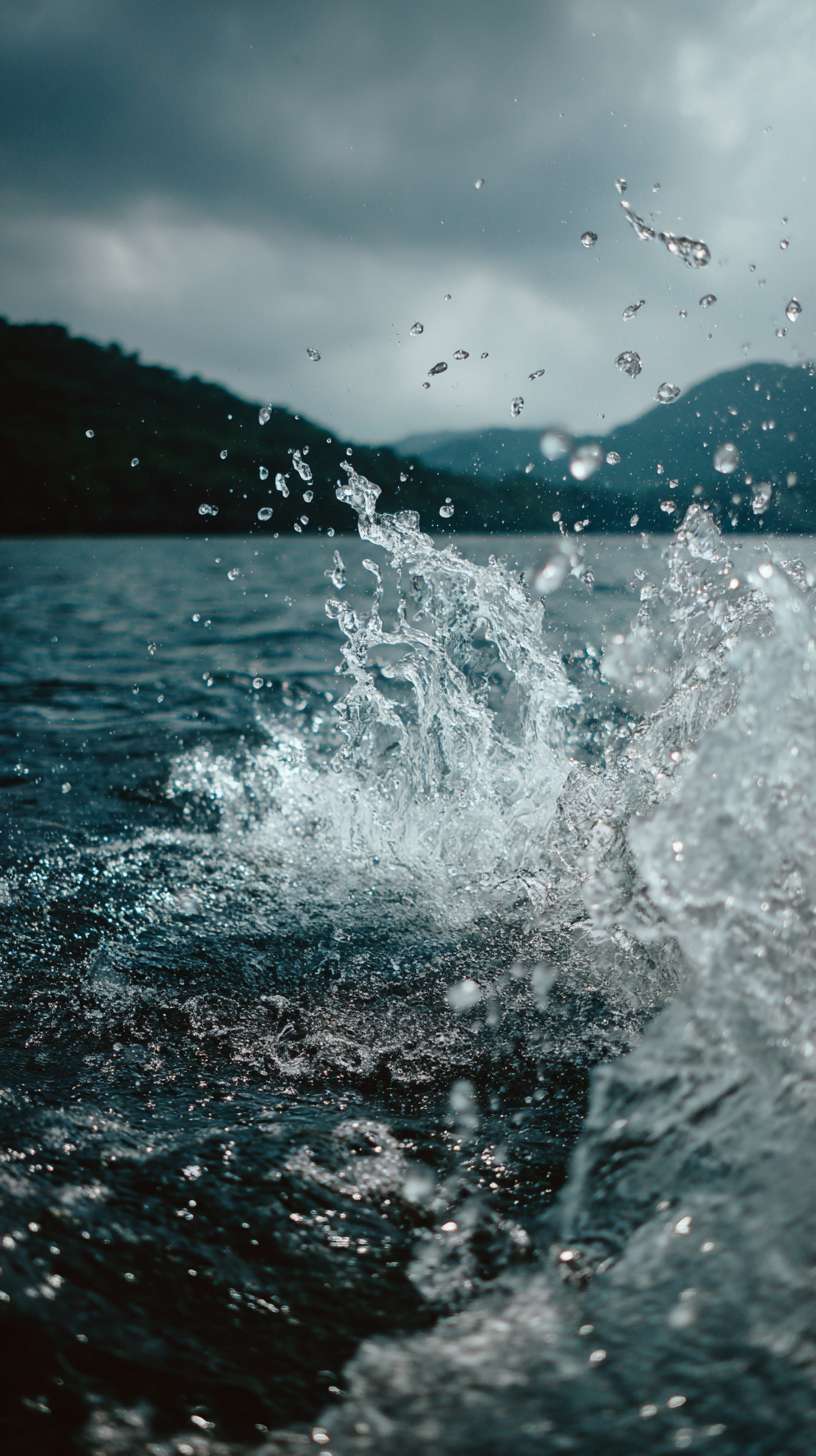 水花溅起。湖水流动荡漾，进入水花，来到尾帧图镜头快速 向前推进。瀑布流动，湖水荡漾。雾随风飘动 --ar 9:16 --v 7 --stylize 100 --fast --no 水印