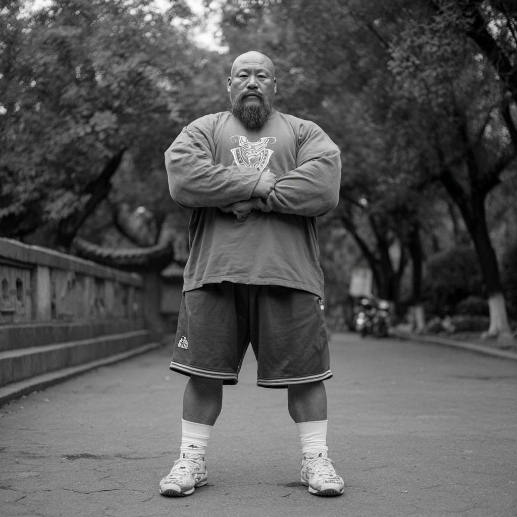 Chengdu muscular man with a round face, bearded, and wearing white socks --ar 1:1 --v 7 --stylize 100 --fast