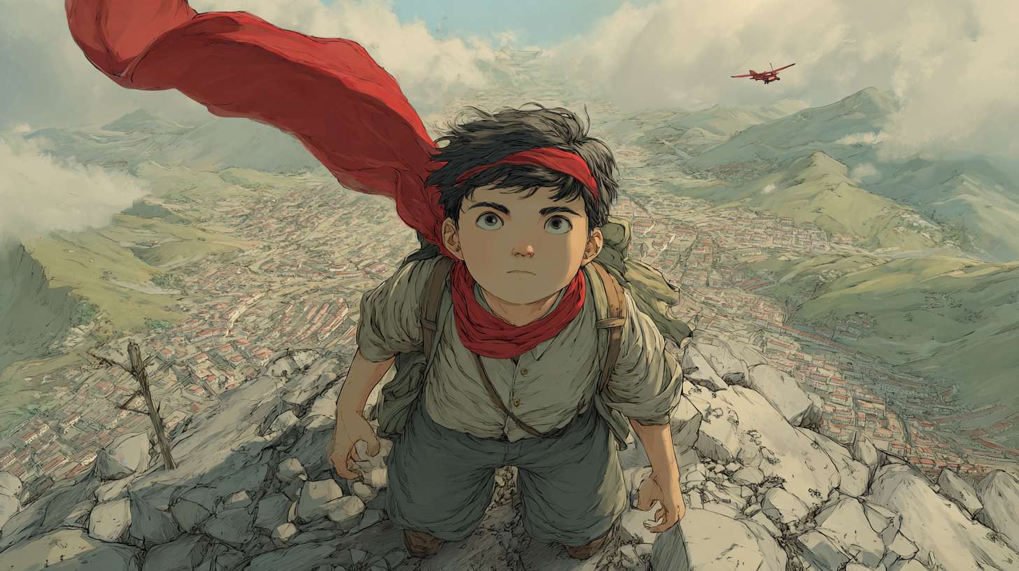 新国漫，漫画，画质细腻，大全景，仰拍，抗日战争时期的中国少年站在山峰之巅，少年表情坚定，必胜决心，俯瞰中国战乱河山和城市，背后红丝巾随风飘扬 --ar 16:9 --v 7 --stylize 100 --fast --no 水印