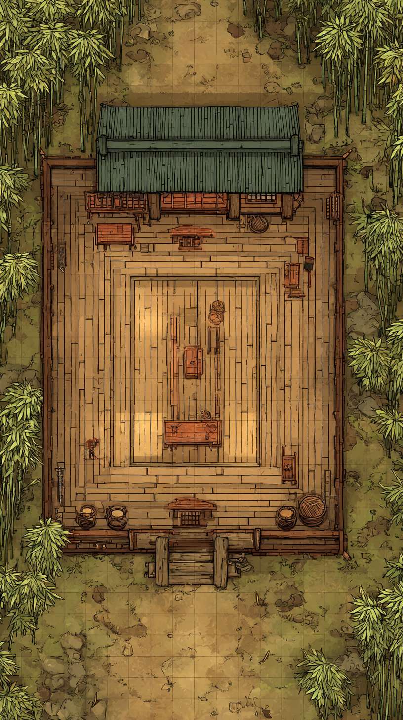 武馆-水墨风
构图:竖版中景,主体为露天练武场,左侧兵器架,中央木人桩,背景为武馆正厅(匾额 “XX 武馆”)核心元素:- 兵器架:木质(淡墨纹理),摆放刀、枪、剑、棍(浓墨线条)- 木人桩:圆柱形(淡墨底色 + 深墨节点)- 地面:练武石(方形,淡墨阴影)
主色调:木色(R150-170, G130-150, B100-120)辅助色:- 兵器:铁灰色(R120-140, G120-140, B120-140)- 匾额:深棕色(R100-120, G80-100, B50-70)统一适配:木色饱和度≤35%,与客栈黄褐色保持质感统一
1. 兵器线条笔触与竹林竹干线条一致2. 木人桩纹理与客栈门板纹理技法相同3. 武馆正厅屋檐与新手村茅屋屋檐运笔一致 --ar 9:16 --v 7 --stylize 100 --fast --no 水印