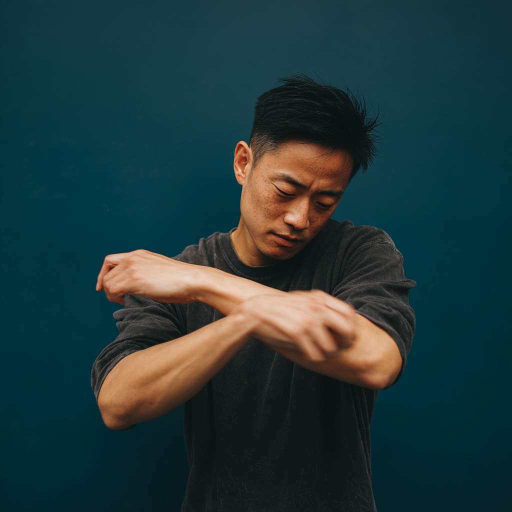 A picture of an Asian person  slapping their cubital fossa --ar 1:1 --v 7 --stylize 100 --fast