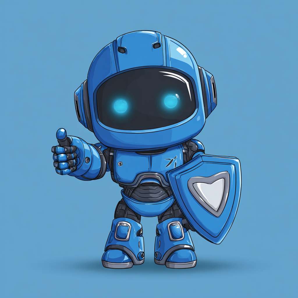 [安全侠]：blue robot with shield chest, glowing safety helmet, friendly superhero pose, clean vector art --ar 1:1 --v 7 --stylize 100 --fast --no 水印