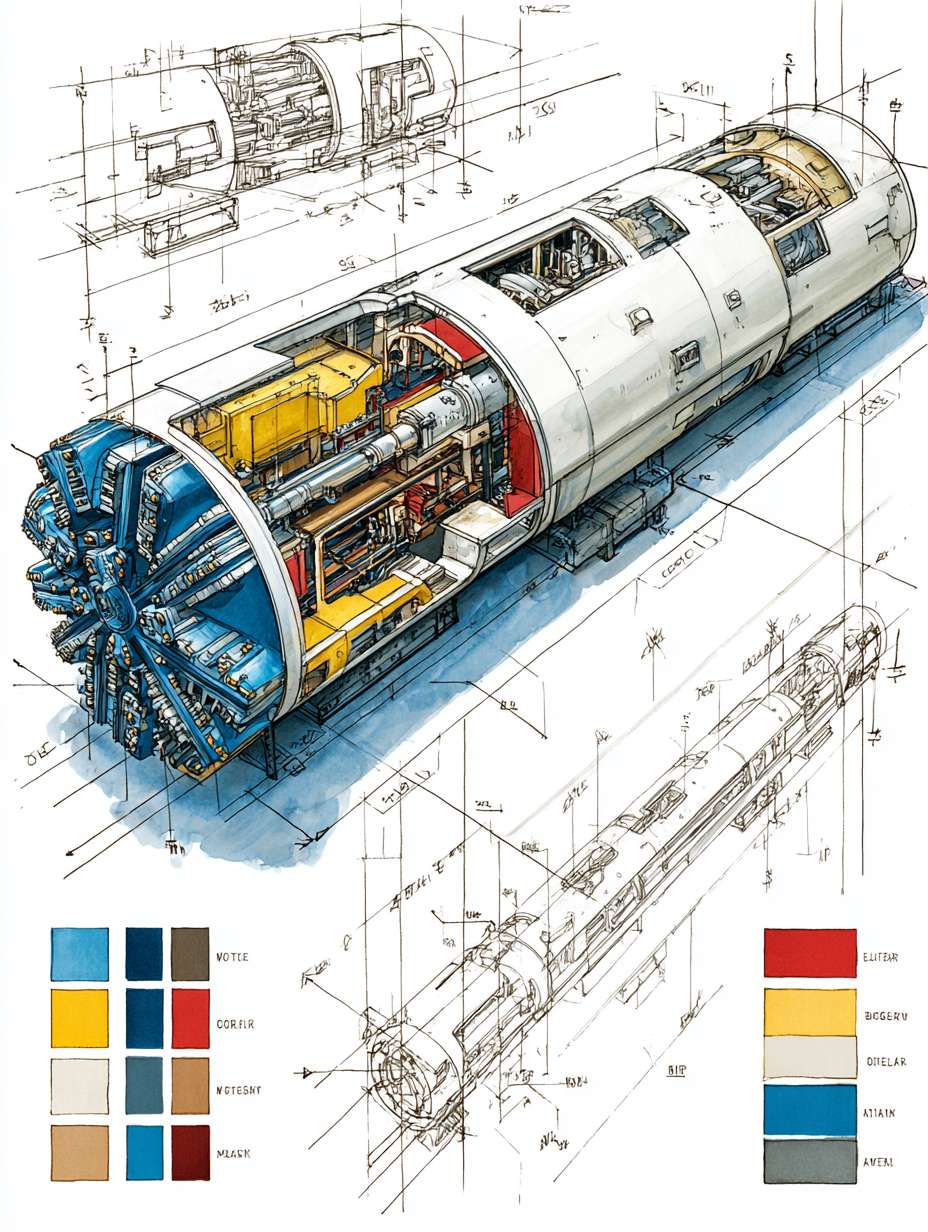 Tunnel Boring Machine (TBM) cutaway perspective blueprint illustration, dramatic wide-angle composition, three-quarter overhead view. Main subject: a highly detailed low-profile modern TBM (Earth Pressure Balance type) rendered in realistic hand-drawn watercolor sketch style, placed on clean white background. Features include: rotating cutterhead with disc cutters and scrapers, with watercolor texture and hand-drawn ink precision. Framed composition with architectural exploded-view edge sketches and directional arrows. Top-right corner includes a color palette swatch block, featuring: steel gray, industrial blue, soil brown, hydraulic red, and lining concrete white. --ar 3:4 --v 7 --stylize 100 --fast