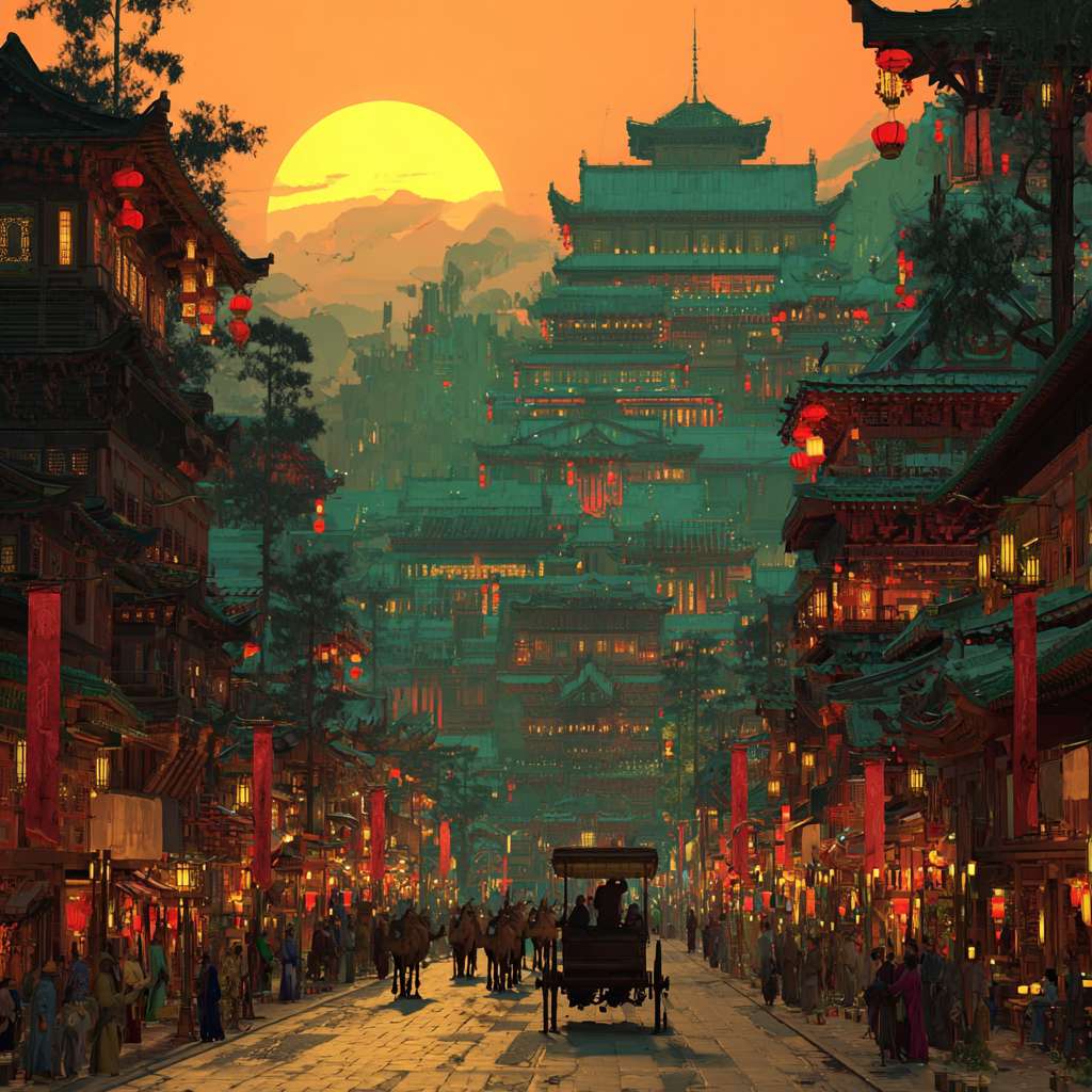 虚幻引擎5渲染,在这幅震撼人心的大唐盛世画卷中,构图以繁华的唐代长安城朱雀大街为核心视点,街道上车水马龙,熙熙攘攘的唐朝百姓与胡商穿梭往来,组成骆驼商队满载货物缓缓前行,两侧林立着朱红色木制建筑,飘扬的酒旗与商铺招牌交错生姿,屋檐下灯笼高挂,时值傍晚,天空渲染着暖金色的晚霞,与建筑的红墙碧瓦交相辉映,颜色以浓郁的金色与朱红色为主调,点缀着商队绸缎的翡翠绿与宝蓝色,灯笼透出暖黄光晕,整体色彩辉煌绚烂,光影效果极具层次,夕阳余晖为建筑披上金纱,灯笼光斑在青石板路上跃动,骆驼与行人投下细长剪影,商铺窗棂间透出温暖烛光,与暮色中的云霞融成一片流光溢彩,整条街道弥漫着人间烟火气,驼铃悠扬,人声鼎沸,完美再现万国来朝的盛唐气象。 --ar 1:1 --v 7 --stylize 100 --fast --no 水印