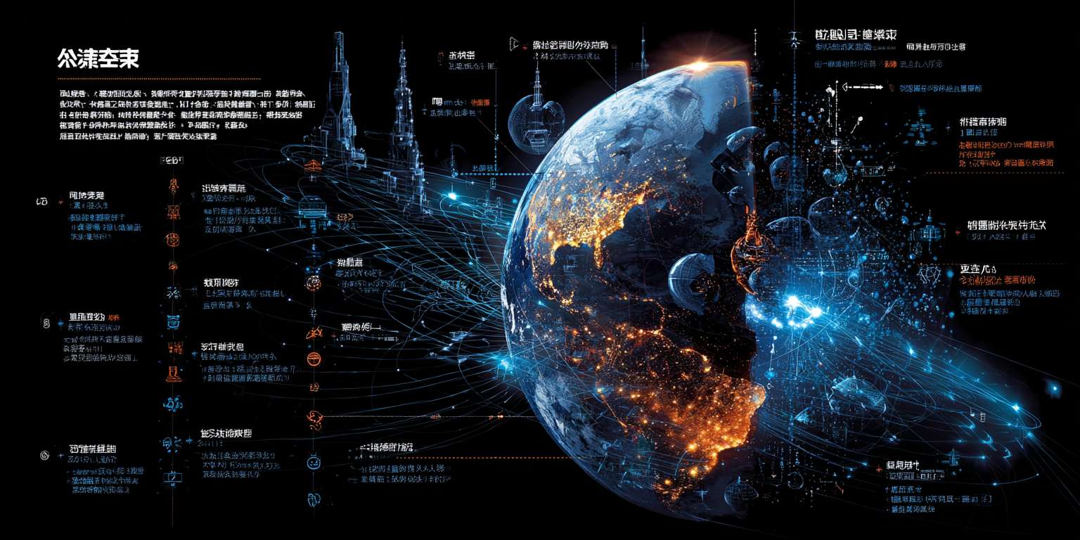 地球与科技线路”的概念，深化为一个关于文明、网络、数据与宇宙关系的宏大叙事。它将地球具体化为一个活着的计算实体，将物联网线路具体化为一个多层次、动态、有智能体穿梭的生态系统，并通过宇宙背景和潜在威胁增添了故事的深度与张力，完全符合您所要求的“非常具体和科技风，信息网络风” --ar 2:1 --v 7 --stylize 100 --fast --no 水印