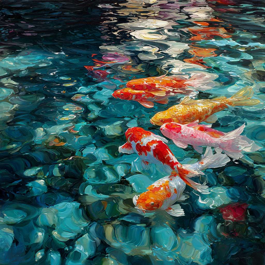 Dreamlike blue water with rippling color and gliding koi, expressive brushwork capturing fluid beauty, oil. --ar 1:1 --v 7 --stylize 100 --fast
