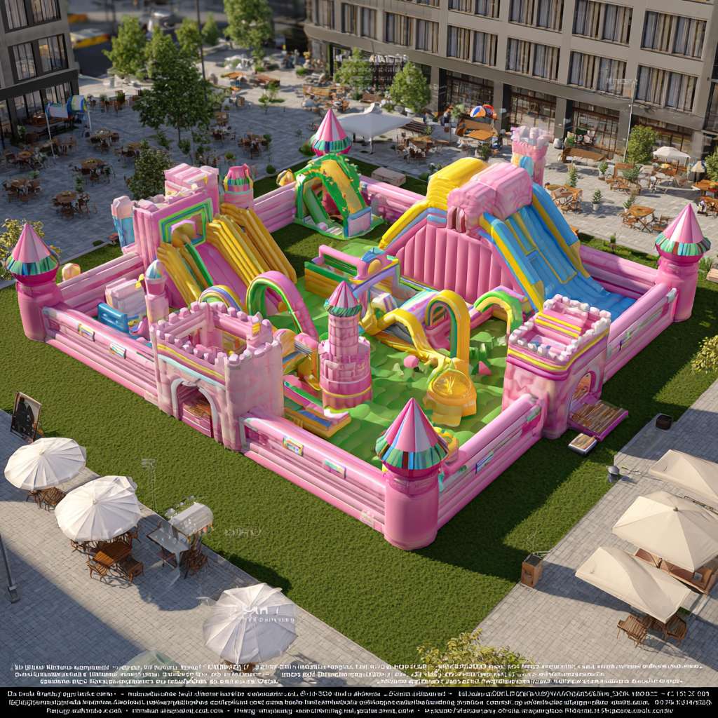 “Realistic 3D rendering of a large colorful inflatable playground, aerial view, vibrant color palette with pink, yellow, green, blue. Multi - themed play structures like slides, climbing areas, castle shapes. Set on outdoor grassy ground, surrounded by buildings, with small human figures and leisure areas (umbrellas, tables) for scale. Family - friendly, high detail, bright daylight” --ar 1:1 --v 7 --stylize 100 --fast