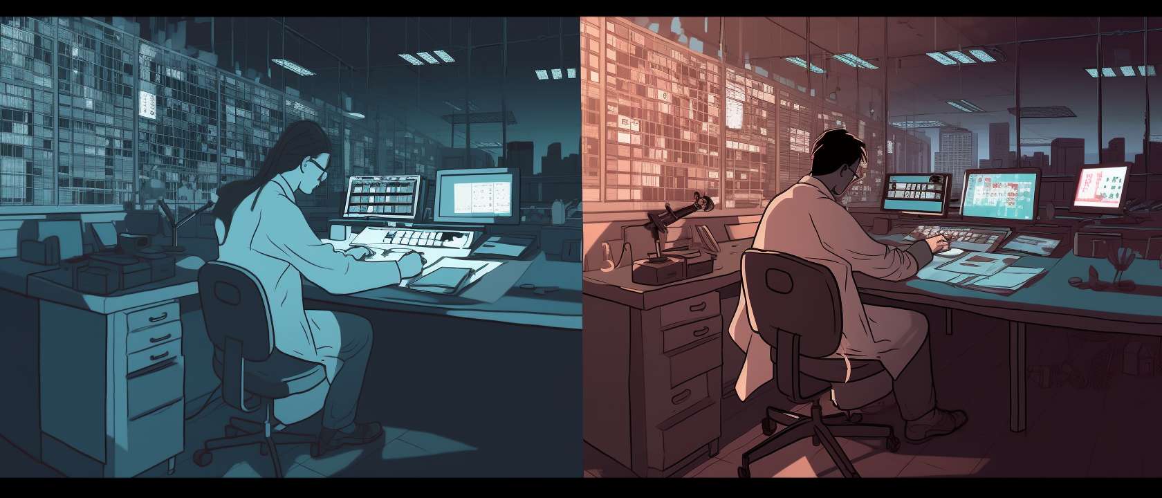 “Split-scene, left side: bright lab, young researcher in white coat writing ‘Technical Roadmap’, desk full of patents and circuit boards; right side: dim outdoor, endless red-stamp queue on a runway, each stamp turns into a kilometer marker, finish-line clock shows dusk, cinematic 2.35:1, cool vs warm color contrast, hyper-real 8K --ar 21:9 --v 5 --quality 2 --stylize 100 --fast