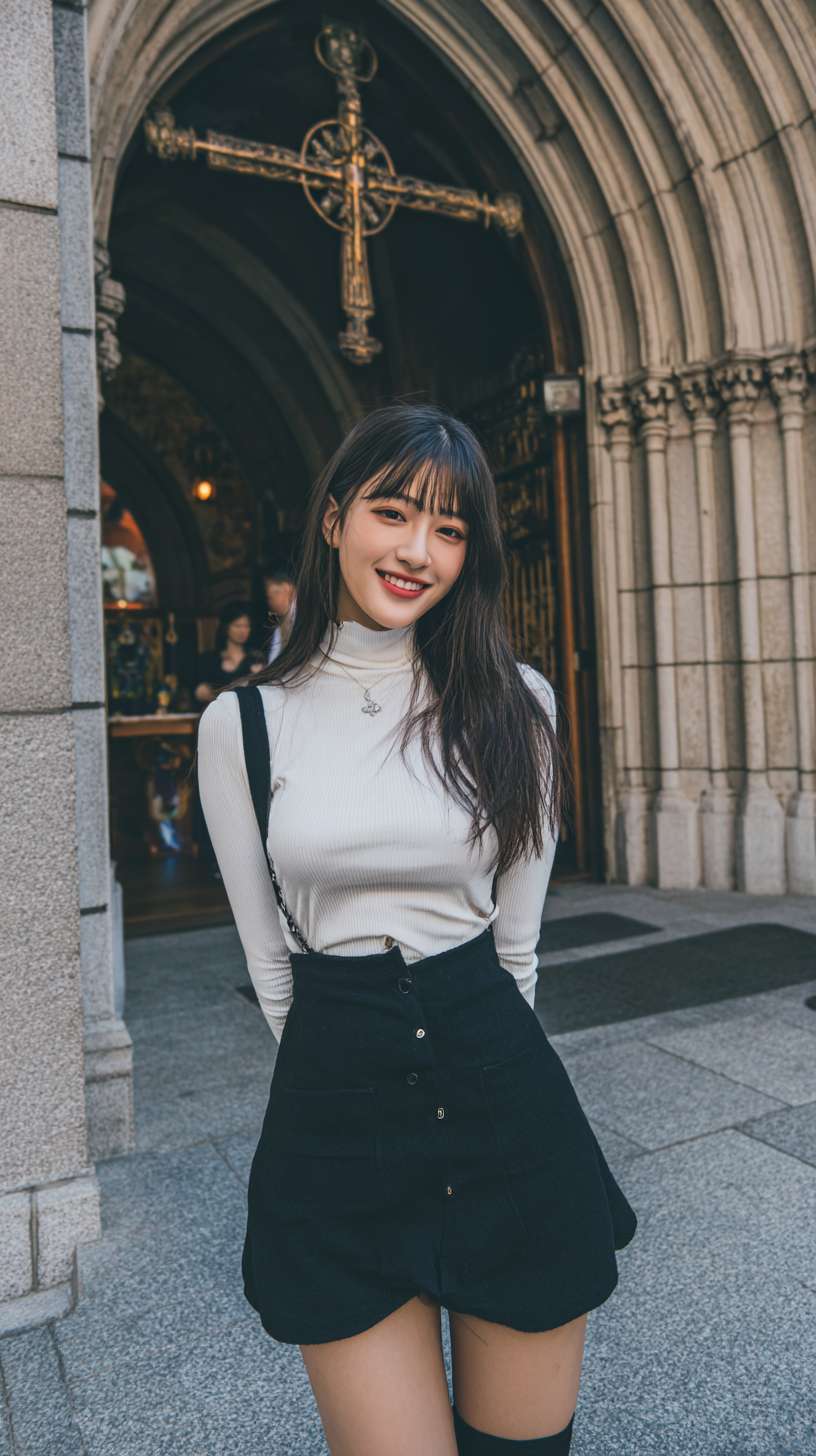 亚洲美少女，超短裙，高领露肩长袖，马甲线，教堂门口大街，长发，微笑，酒窝，高清晰   --v 7 --ar 9:16 --v 7 --stylize 100 --fast --no 水印,,水印