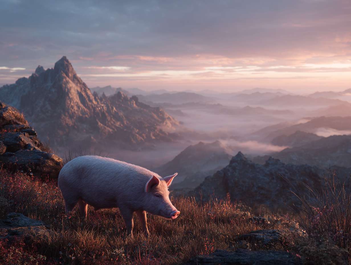 Photorealistic cinematic image，A pale pink pig on the grass next to the mountaintop, with a rocky mountain range behind it, and fog connecting the mountain range, full of warm colors and ultra high definition real materials， highly detailed photo. --ar 4:3 --v 7 --style raw --stylize 100 --fast