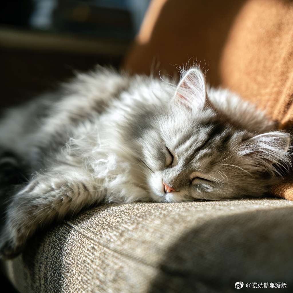 (《困》)：灵魂已进入待机状态
一只可爱的银渐层小猫，蜷缩在柔软的沙发上睡觉，阳光透过窗户照在身上，非常温暖舒适，照片级真实感，4k，超详细，电影光效，治愈感 --ar 1:1 --v 7 --stylize 100 --fast --no 水印