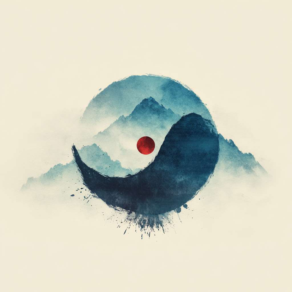 机翻 · 通用领域
The circular logo adopts the traditional Chinese ink Tai Chi symbol (not a circle), with alternating shades of blue, black, and white. It is surrounded by a hazy silhouette of a blue mountain range, with a red dot in the center and a pure white background. It has a Zen style, simple design, no text, no watermark, high resolution, vector graphics, and white space at the edges of the image. Pay attention to the artistic conception of the image, and have a combination of movement and stillness --ar 1:1 --v 7 --stylize 100 --fast --no 水印