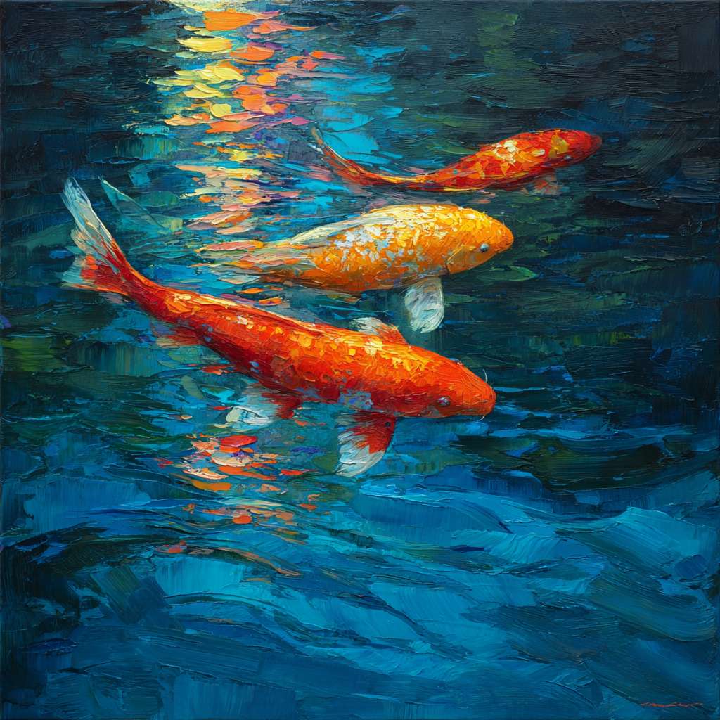 Surreal blue aquarium with colorful light ripples, koi fish shimmering in red and gold, bold brushstrokes for texture and movement, abstract. --ar 1:1 --v 7 --stylize 100 --fast