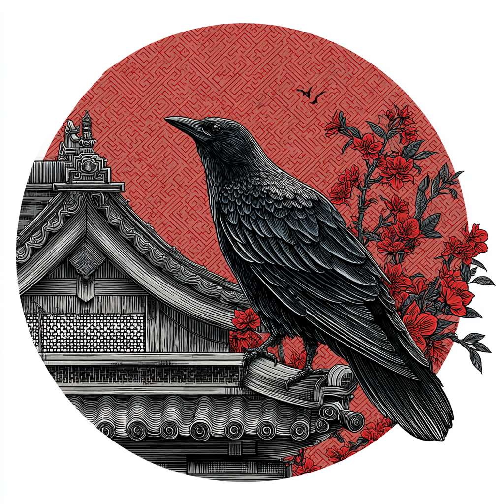 重新生成这张，屋顶有一只黑乌 --ar 1:1 --v 7 --stylize 100 --fast --no 水印,水印
