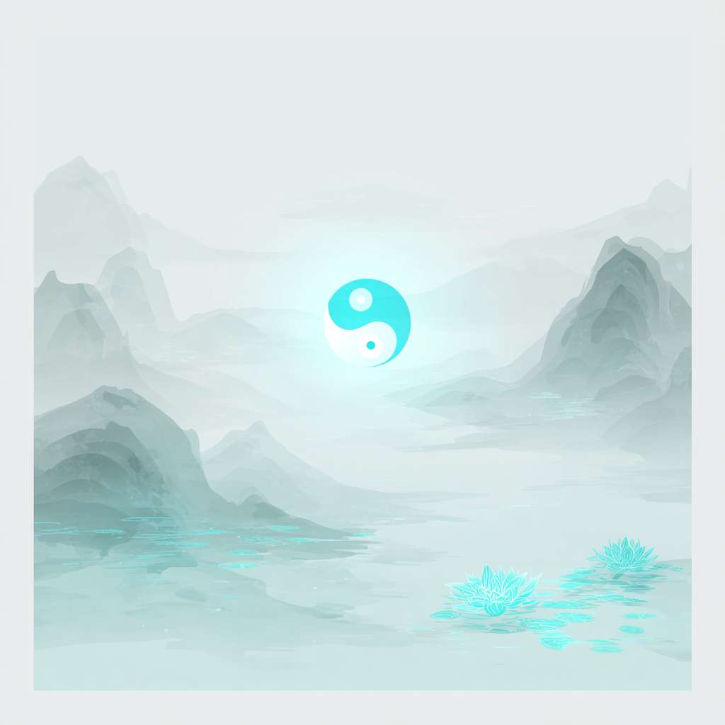 Ethereal Chinese ink background with translucent cyan Tai Chi symbol faintly glowing at center-left, misty mountain gradients in the distance, 90% negative space in rice paper white, one floating lotus petal in matching青色 (#478584) near the right edge, ultra minimalist Zen style, no text --ar 1:1 --v 7 --stylize 100 --fast --no 水印