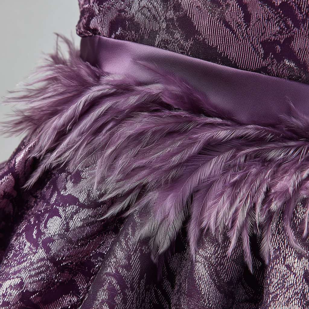 一件带有金属光泽的丁香紫色缎面吊带长裙，裙摆处有精致的羽毛装饰 --ar 1:1 --v 7 --stylize 100 --fast --no 水印