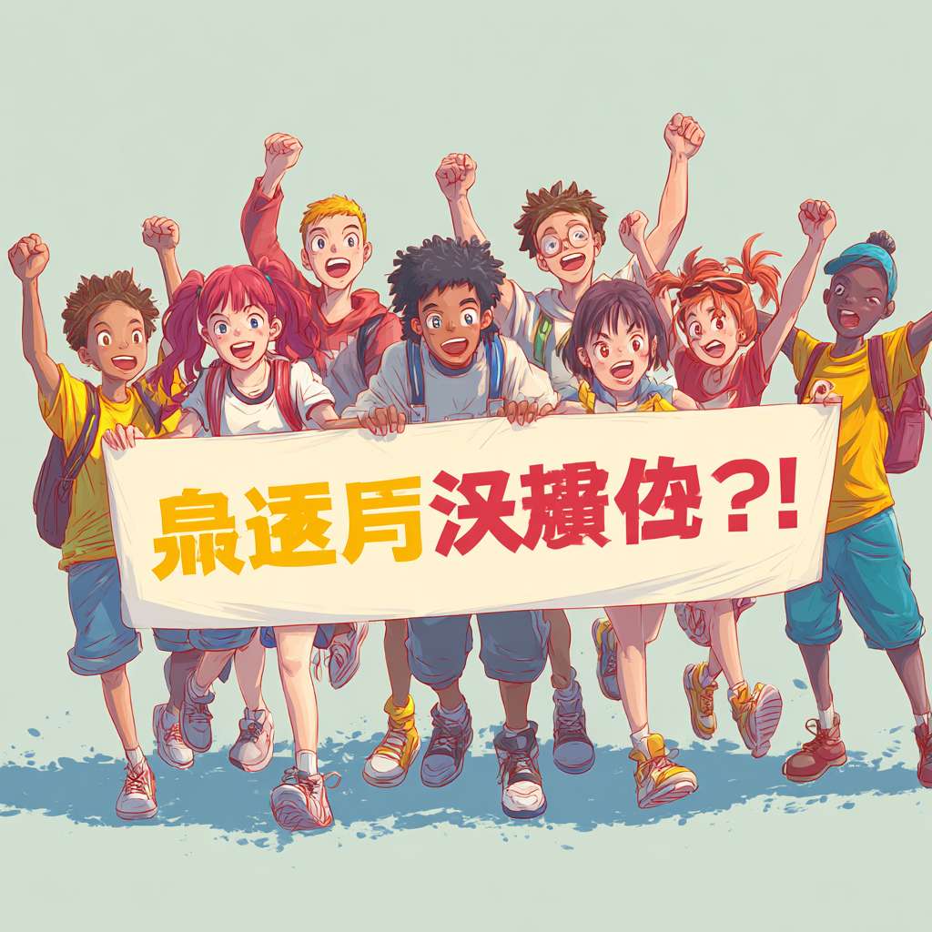 8 diverse people (varying in age, gender, ethnicity, clothing style—e.g., casual sportswear, streetwear) holding a wide rectangular banner with clear Chinese text: "没进八强又怎样?敢打敢拼就是王!", dynamic cheering poses (some raising fists, some leaning forward, natural facial expressions of excitement and enthusiasm), dynamic low-angle shot (to enhance sense of energy), vibrant and saturated colors (bright reds, yellows, blues as main tones, avoiding dullness), cartoon style (rounded character features, smooth line art, soft shading like Japanese anime or Western cartoon), clean simple background (solid light color or gradient, no redundant elements), high detail (clear texture of clothing fabric, wrinkles on the banner, subtle facial expressions, sharp edges of text on the banner), 4K resolution, full-body shot, positive atmosphere --ar 1:1 --v 7 --stylize 100 --fast --no 水印