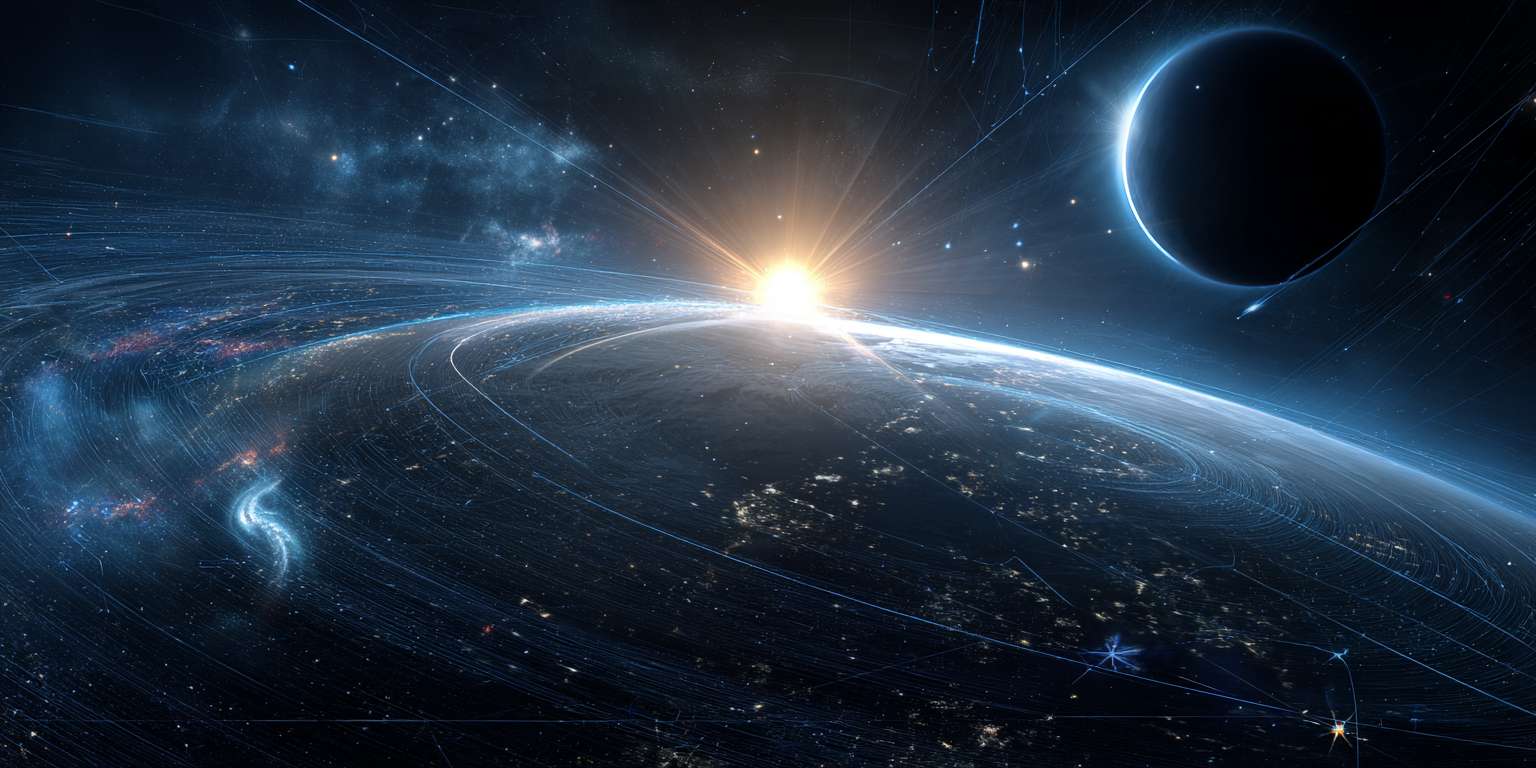 在浩瀚宇宙中有黑洞，星宇，各种星系天体，在这个画面中地球是最进的画面，显得非常科技风，地球外卖呢环绕好多物联网科技风虚线路，有高端高级 --ar 2:1 --v 7 --stylize 100 --fast --no 水印