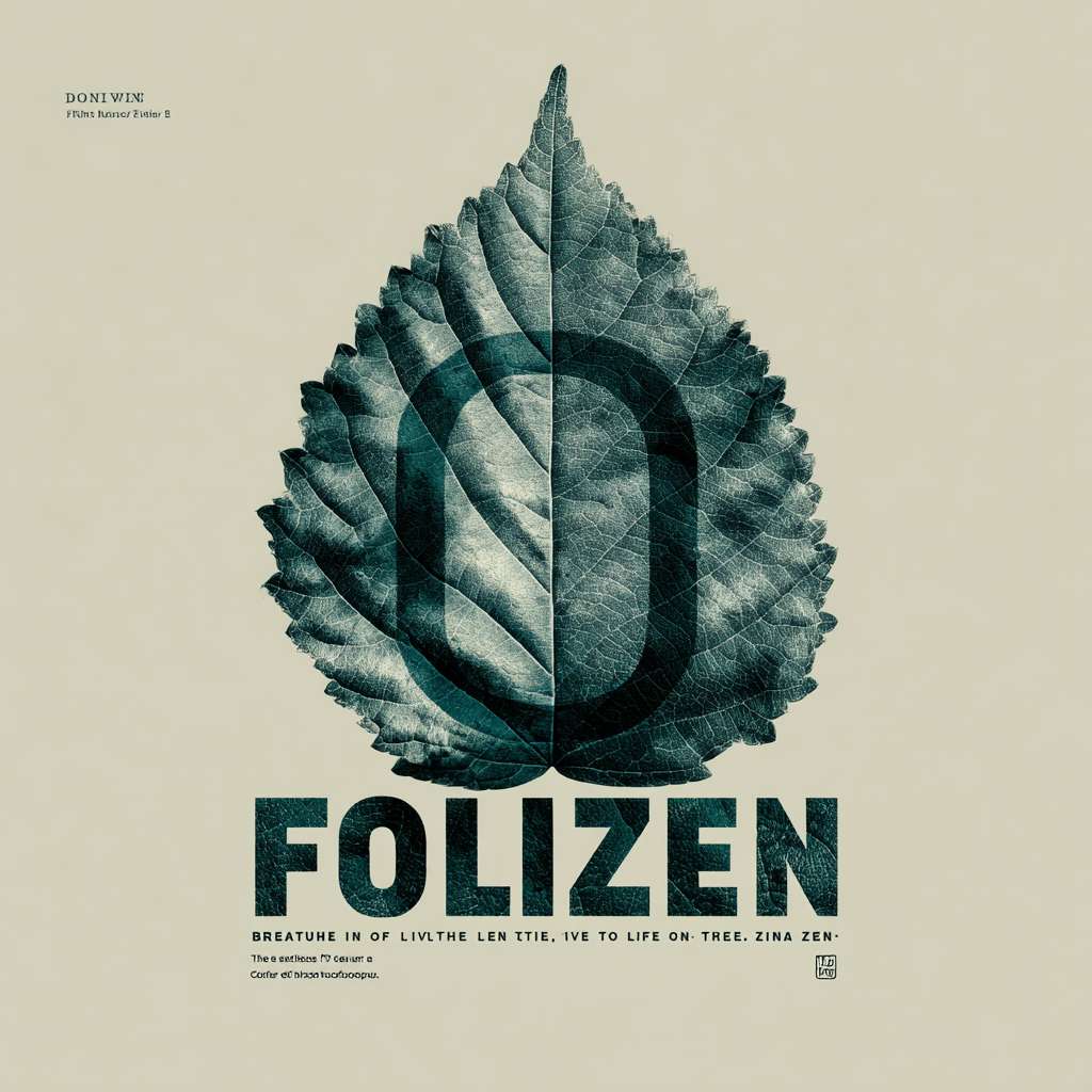 "FOLIZEN" in bold grotesque, negative space cutout of leaf silhouette within "O", "Breathe in the Leaf, Live in the Zen" laser-engraved texture in 6pt capitals around letter strokes, monochrome sage (#6B8E7E) --ar 1:1 --v 7 --stylize 100 --fast