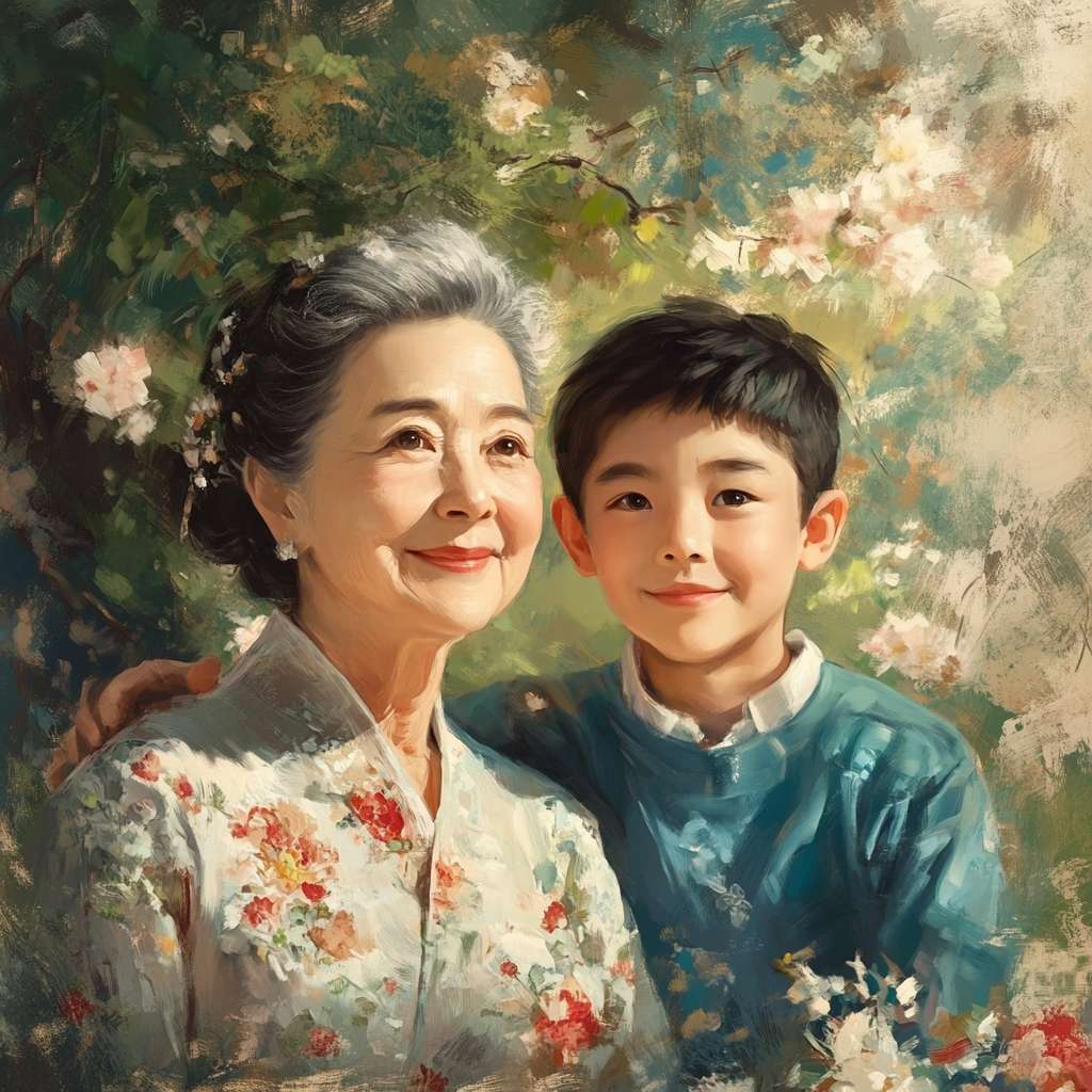 生成一张母亲和儿子的图片，母亲年纪在50岁左右，儿子年纪在30岁左右，中国母子 --ar 1:1 --v 6.1 --stylize 100 --fast