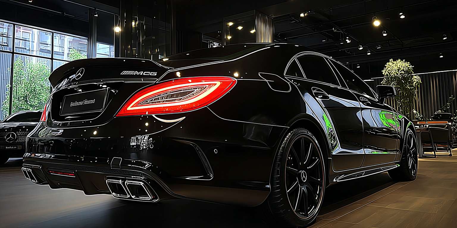 暗黑，2015款梅赛德斯-AMG CLS 63 S 4MATIC，曜石黑车身近乎隐于黑暗，唯有车尾两盏猩红色LED尾灯如恶魔之眼撕裂夜幕。8K超清镜头捕捉：车顶、引擎盖、腰线，尾灯光束在柏油路面拉出血色倒影，背景为豪华车展厅。摄影风格：索尼A7S III拍摄，f/1.2大光圈浅景深，电影感暗调光影。 --ar 2:1 --v 7 --stylize 100 --fast --sref https://img-xpc-mj0.xpccdn.com/prod/txt2img/0c18d1d1-15f2-4ab7-9a62-66b802f929ae/e777a6e9-05da-4004-a17e-915ff825a088_0_1.png~tplv-5yakomv5zn-auto-v1%3A1024%3A0%3Aq75.jpg --sw 1000 --no 水印
