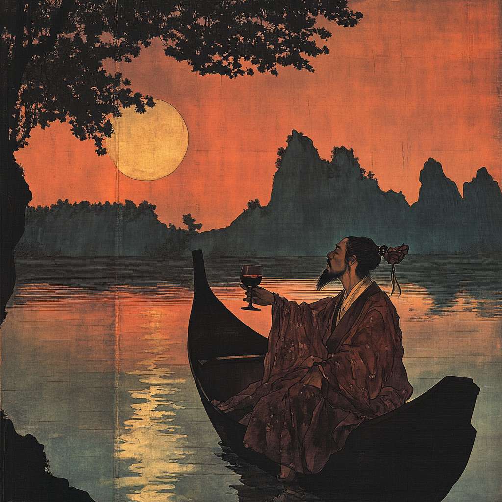 手机用户8938的文生图作品《诗人李白月夜乘船在湖面上》 - 新片场AI创作