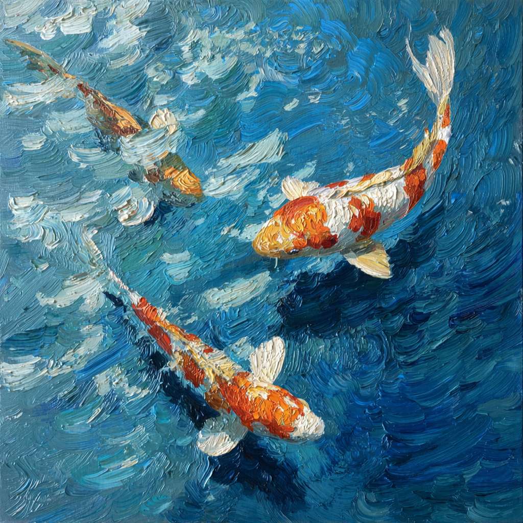 Surreal koi swimming in blue water with light ripples, thick brushwork for waves, thin strokes for iridescence, oil. --ar 1:1 --v 7 --stylize 100 --fast