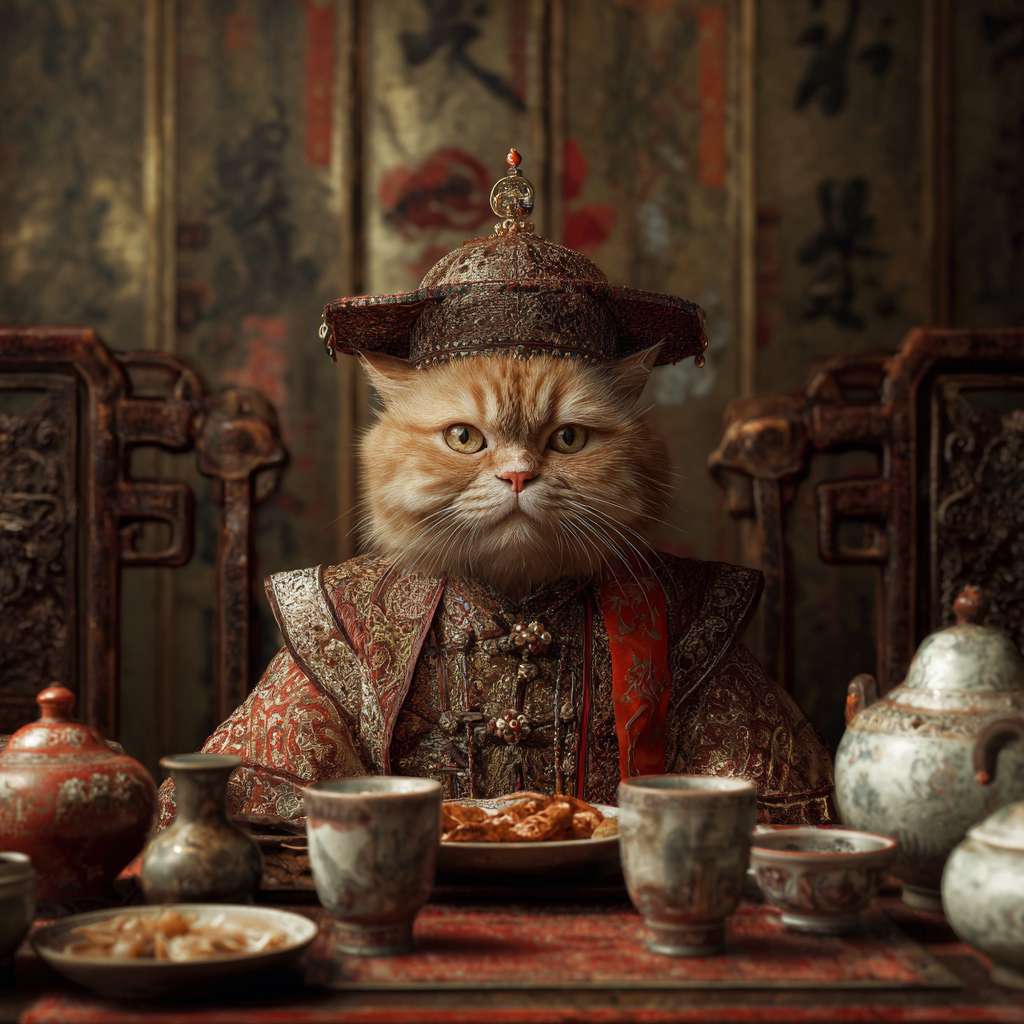 皇上吃饭吃的特别美味 --ar 1:1 --v 7 --stylize 100 --fast --no 水印