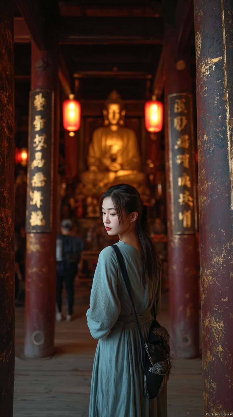 https://img-xpc-mj0.xpccdn.com/prod/txt2img/41cd0ee9-a6d1-489f-b685-84eb70e013de/07e9395f-bd24-4b7d-bd0a-a496acee976f_0_0.png~tplv-5yakomv5zn-auto-v1%3A1024%3A0%3Aq75.jpg 在此图片基础上，柱子后探头的动作补充细节，柱子、女子和佛像方向调整达到女子探头以后缓步走进去的是寺庙里面的朝向 --ar 9:16 --v 7 --stylize 100 --fast --iw 1 --no 水印