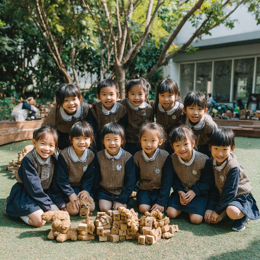 一班小六穿校服的學生們在校園裡圍成一個半圓形，以熊貓為主題，學生們一起將積木併上瀕危動物圖案玩集體遊戲 --ar 1:1 --v 7 --stylize 100 --fast --no 水印