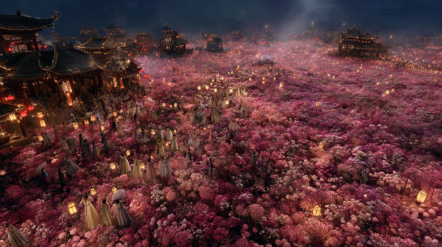 Unreal Engine 5 rendering, in this awe-inspiring scene of the ancient Luoyang Flower Festival, the composition centers on a vast sea of blooming peonies, surrounded by ancient-style pavilions, buildings, and winding corridors adorned with countless red lanterns, while the night sky is continuously lit up by colorful fireworks, the foreground features a celebrating crowd dressed in elegant Hanfu singing and dancing, the middle ground includes traditional Chinese architecture such as eaves-cornered pavilions, and the background blends deep blue starry skies with brilliant fireworks, in terms of color, vibrant reds, golds, and greens dominate, symbolizing luck and wealth, with the pink and white of the flowers sharply contrasting with the warm yellow of the lanterns, and the multicolored lights of the fireworks adding dynamic color variations, the lighting effects are exquisitely detailed, the soft glow from the lanterns casts warm shadows on people's faces and the ground, while the explosive flashes of fireworks create dazzling halos, contrasting with the cool moonlight to enhance the image's depth and dynamism, the entire scene is bustling and lively, with lanterns swaying gloriously, fireworks sparkling brilliantly, and the crowd cheering incessantly, as if transporting the viewer into a dreamlike ancient prosperous era filled with the charm of Chinese elements. --ar 16:9 --v 7 --c 20 --quality 4 --stylize 100 --fast