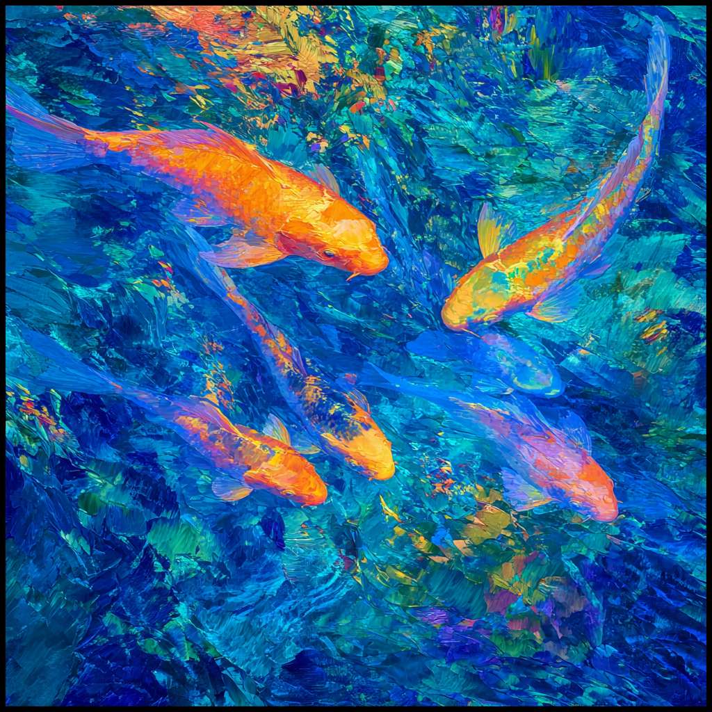Vibrant underwater fantasy: blue water, 五彩光影，and energetic koi, 粗笔触 for texture, 细笔触 for movement, abstract. --ar 1:1 --v 7 --stylize 100 --fast --no 水印