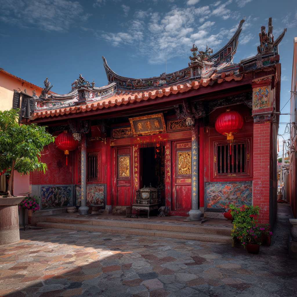 庙宇别太高，厦门古厝红屋顶，路边景观再漂亮一点，增加些莲花灯 --ar 1:1 --v 7 --stylize 100 --fast --no 水印