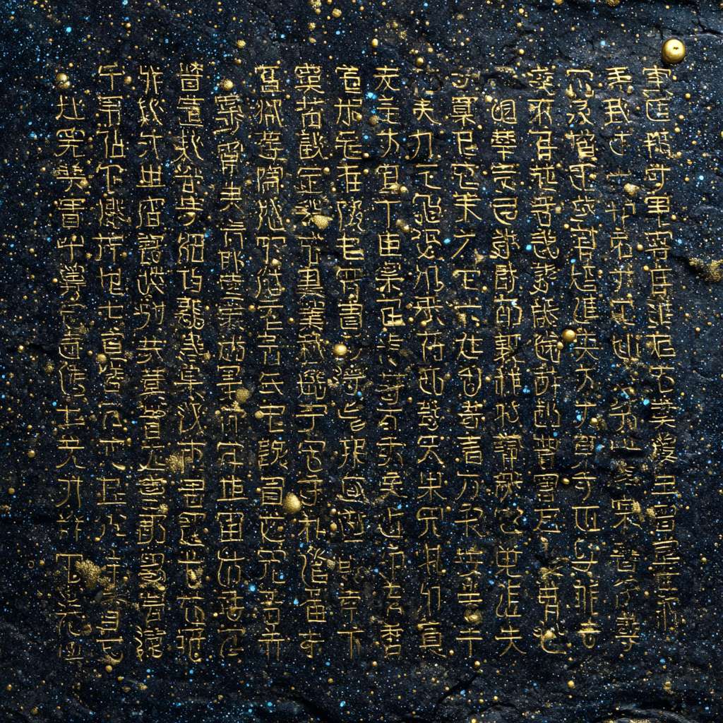 星空镜头下，甲骨文"猱"（猴的古字）以金色光点浮现 --ar 1:1 --v 7 --stylize 100 --fast --no 水印