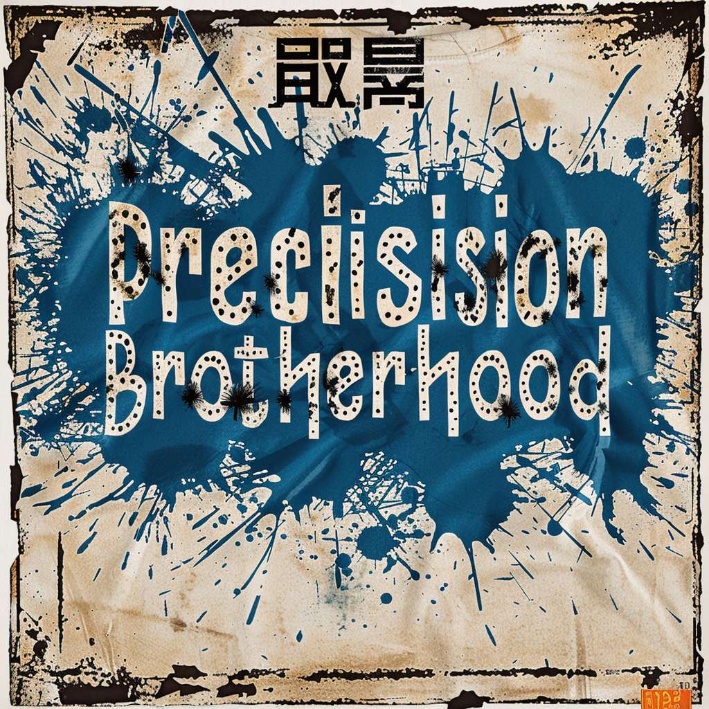 ``prompt
T-shirt hem text band design, "Precision Brotherhood" in fractured Chinese calligraphy and Thai script, bullet holes piercing letters, blue ink splatter background, distressed military stencil style --ar 1:1 --v 6 --stylize 100 --fast --no realistic weapons