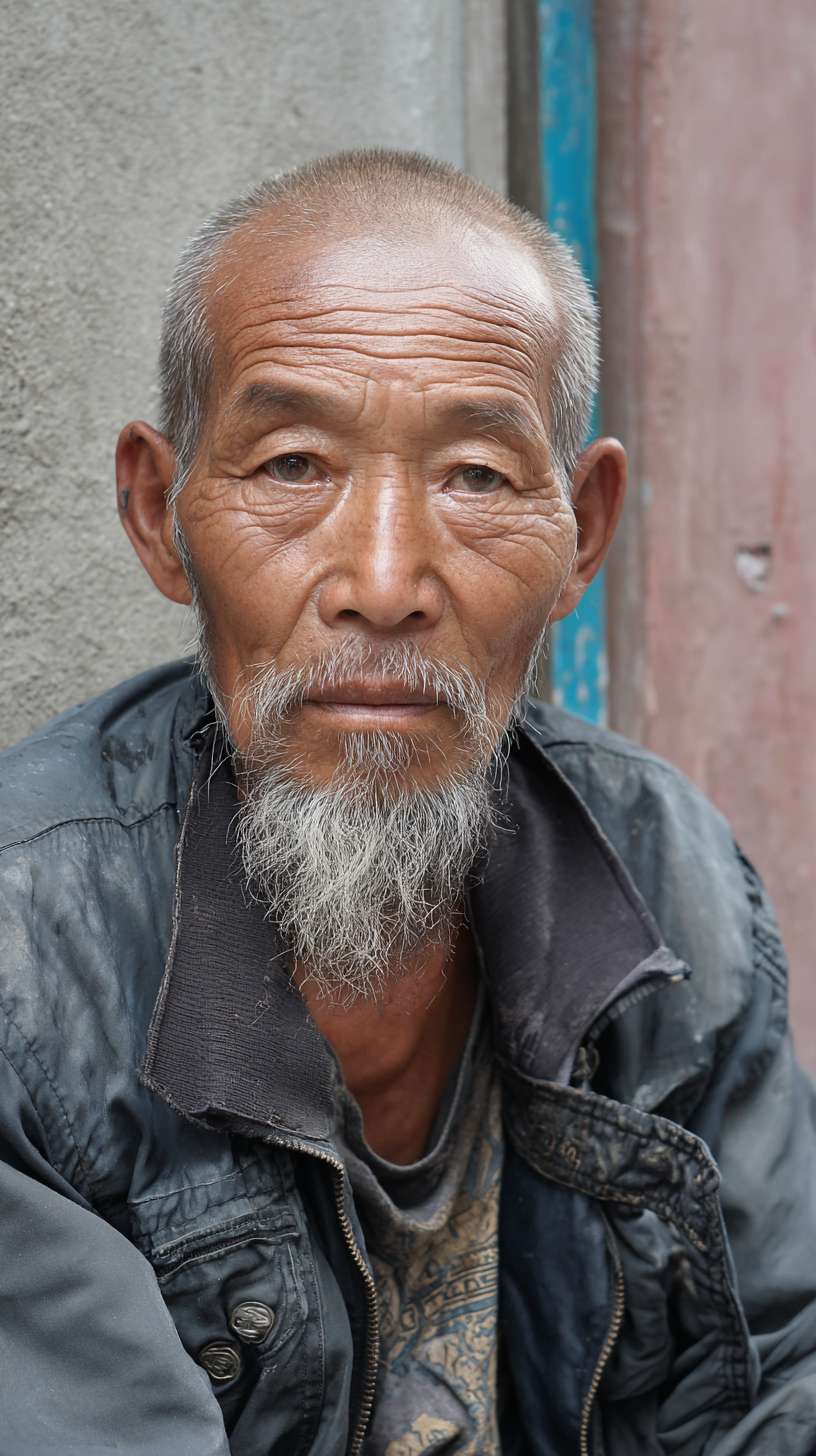 肤色黝黑（长期风吹日晒），短发带白茬（没空打理），眼角有细纹，下巴有青色胡茬，嘴唇干裂，偏瘦但肩背结实，腰后隐约露出浅棕色膏药印，手背有细小划伤（送餐时磕碰） --ar 9:16 --v 7 --stylize 100 --fast --no 水印