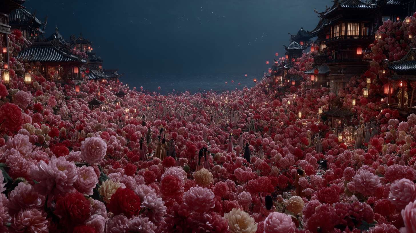 Unreal Engine 5 rendering, in this awe-inspiring scene of the ancient Luoyang Flower Festival, the composition centers on a vast sea of blooming peonies, surrounded by ancient-style pavilions, buildings, and winding corridors adorned with countless red lanterns, while the night sky is continuously lit up by colorful fireworks, the foreground features a celebrating crowd dressed in elegant Hanfu singing and dancing, the middle ground includes traditional Chinese architecture such as eaves-cornered pavilions, and the background blends deep blue starry skies with brilliant fireworks, in terms of color, vibrant reds, golds, and greens dominate, symbolizing luck and wealth, with the pink and white of the flowers sharply contrasting with the warm yellow of the lanterns, and the multicolored lights of the fireworks adding dynamic color variations, the lighting effects are exquisitely detailed, the soft glow from the lanterns casts warm shadows on people's faces and the ground, while the explosive flashes of fireworks create dazzling halos, contrasting with the cool moonlight to enhance the image's depth and dynamism, the entire scene is bustling and lively, with lanterns swaying gloriously, fireworks sparkling brilliantly, and the crowd cheering incessantly, as if transporting the viewer into a dreamlike ancient prosperous era filled with the charm of Chinese elements. --ar 16:9 --v 7 --c 20 --quality 4 --stylize 100 --fast