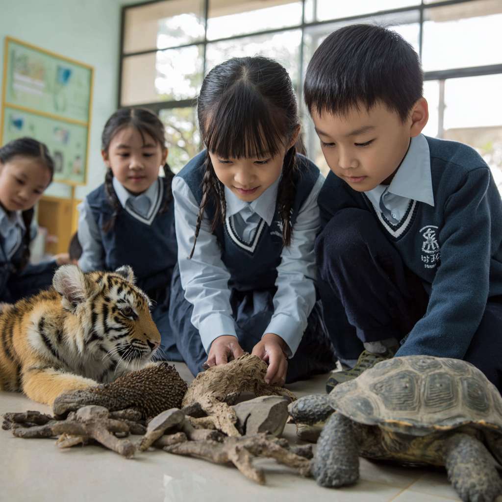一班小六穿校服的學生們在校園裡圍成一個半圓形，以卡通的風格展示穿山甲、老虎、水獺、熊貓、飛鼠、龜等等的瀕危物種，讓學生們一起將積木併上瀕危動物圖案上 --ar 1:1 --v 7 --stylize 100 --fast --no 水印
